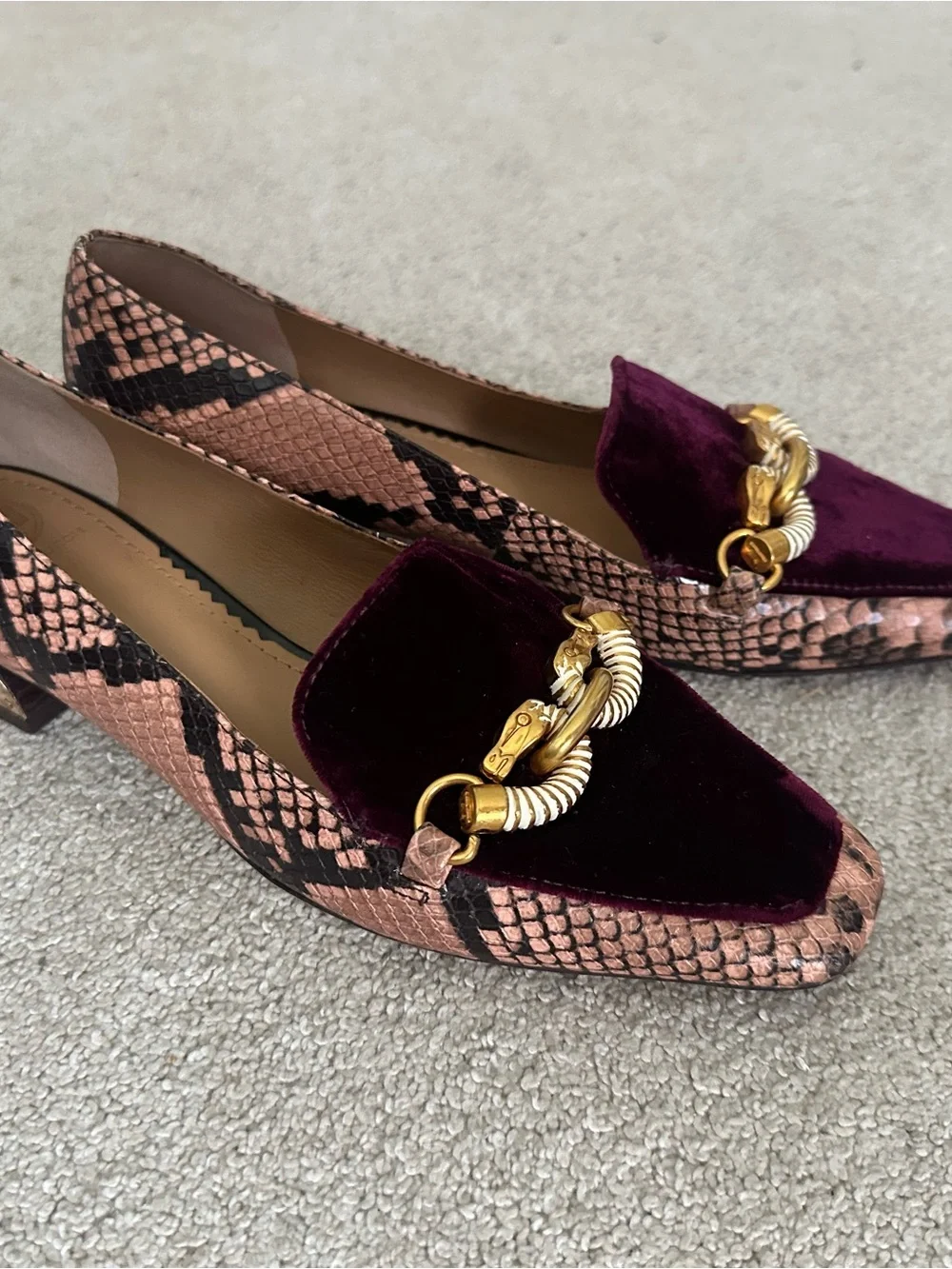 Tory Burch Women's Velvet and Snake-Print Loafers in Burgundy and Pink - Picture 9 of 12